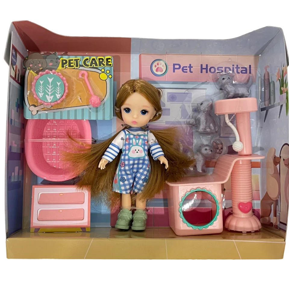 A 13 cm girl doll with a cat stand    