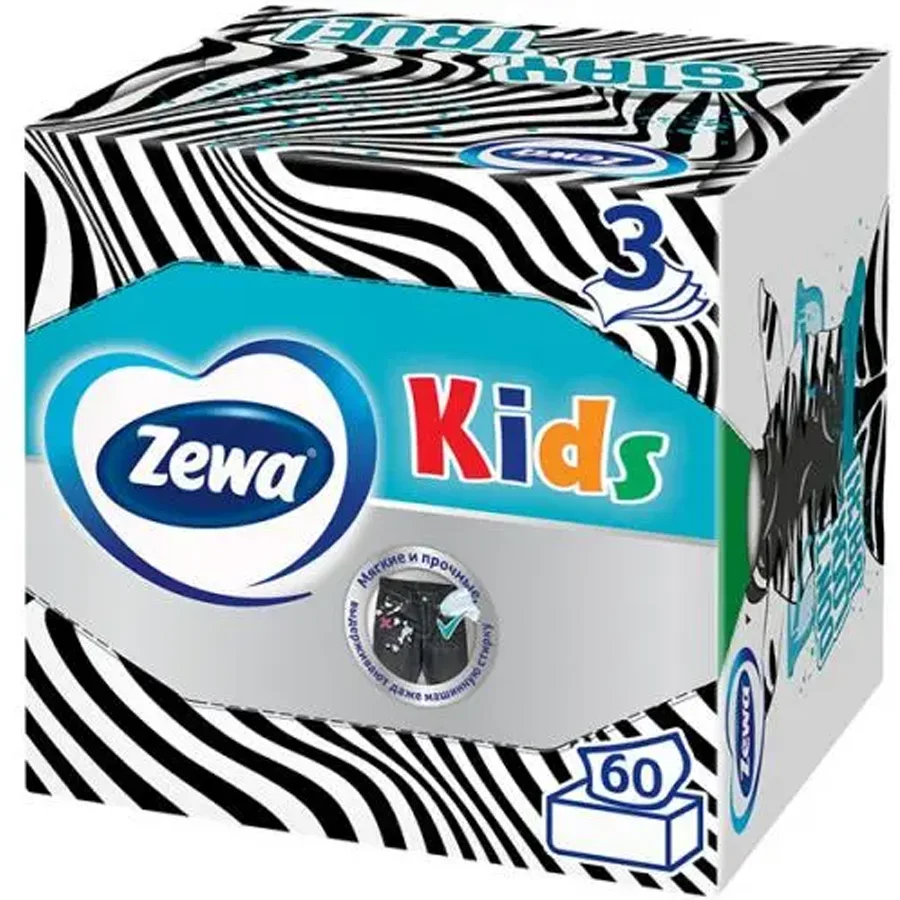 Зева Салфетки 3-х слойные KIDS бумажные детские 60 шт в кубе