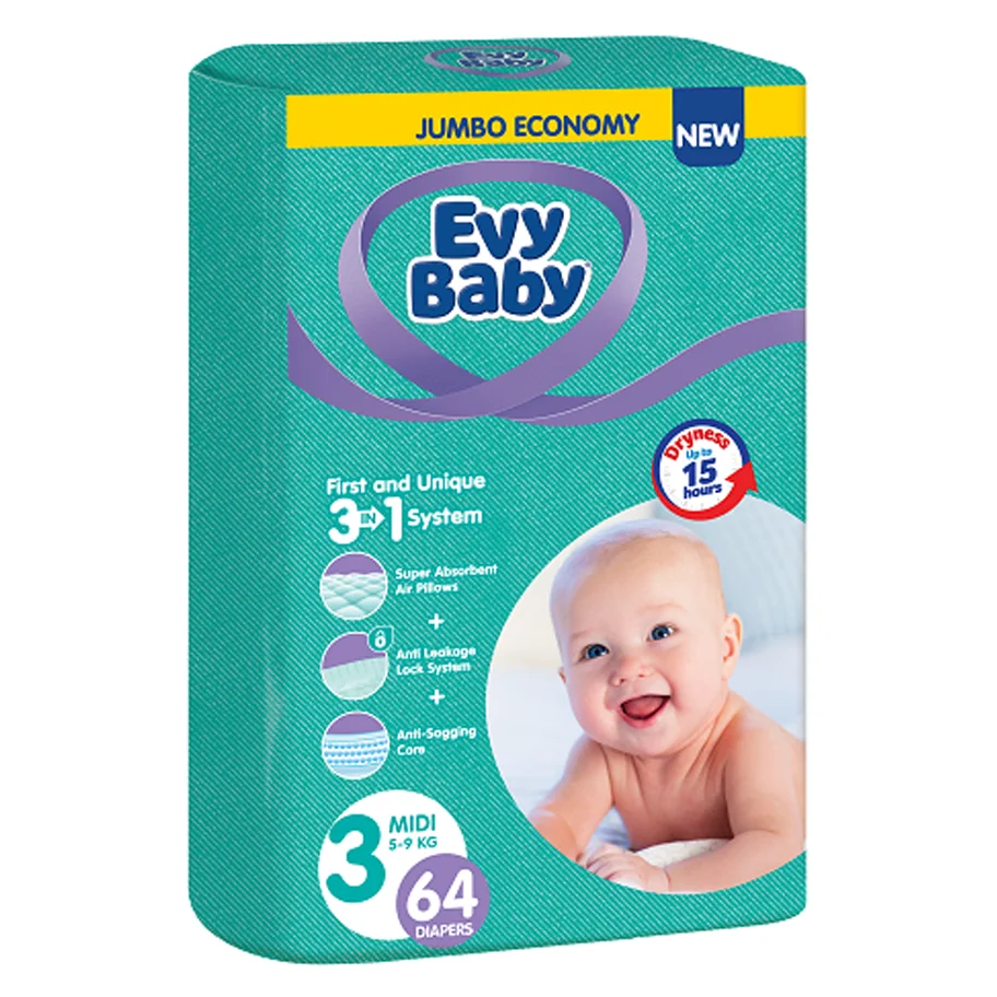 Подгузники Детские производство Турция Evy Baby размер 3 (в пачке 64 подгузника)