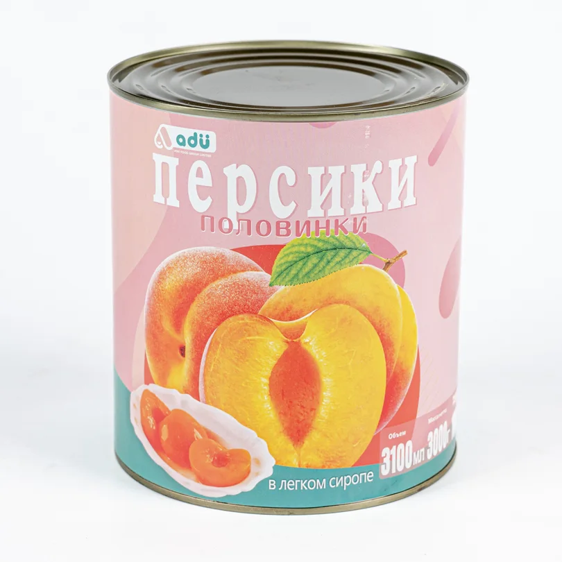 Peaches halves in syrup 3000g/1800g, (6x3.0kg) 18kg/box, Adu, China