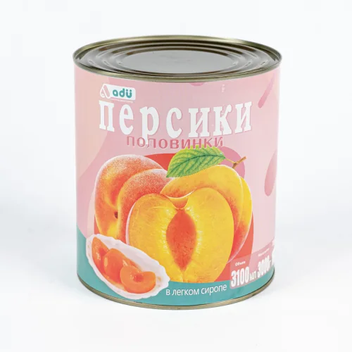 Персики половинки в сиропе 3000г/1800г, (6штх3,0кг) 18кг/кор, Adu, Китай