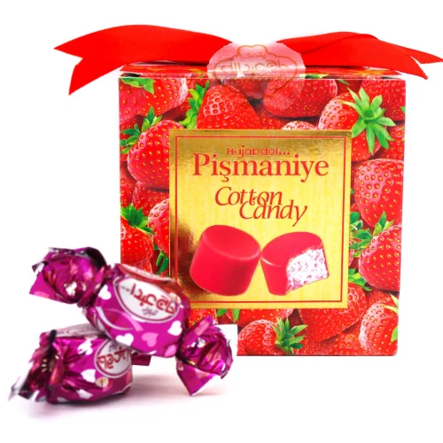A box of gift sweets from pishmania with strawberry flavor in fruit glaze with a bow
