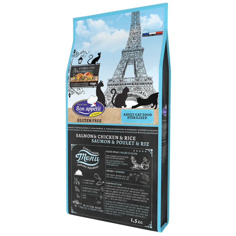 Dry food for sterilized cats with Salmon, Chicken and Rice 1.5 kg