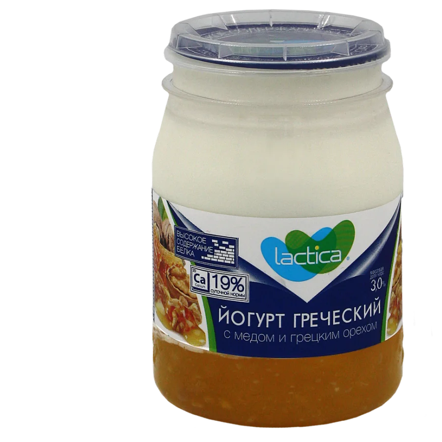 Йогурт греческий двухслойный с медом и грецким орехом 3%, 190г.