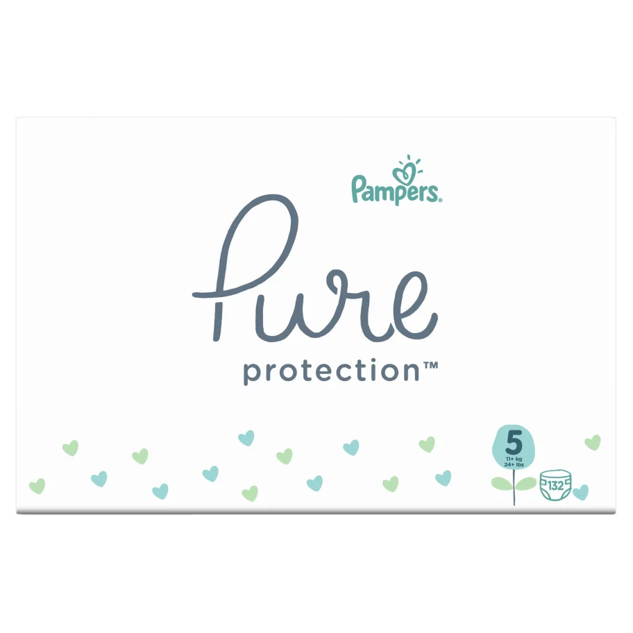 Pampers Pure Protection Size 5, 132 diapers are made of materials containing premium-quality cotton and vegetable fibers, 11KG +
