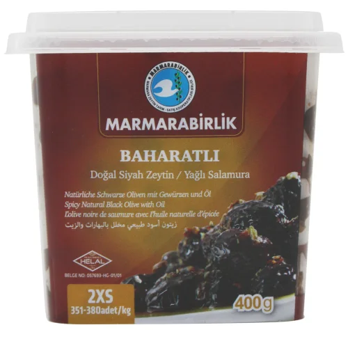 Black olives with spices MARMARABIRLIK 2XS with a bone natural, 400g