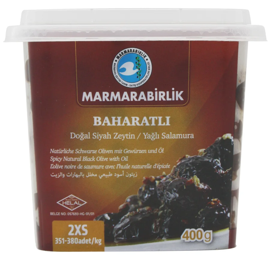 Оливки черные со специями MARMARABIRLIK 2XS с косточкой натуральные, 400гр