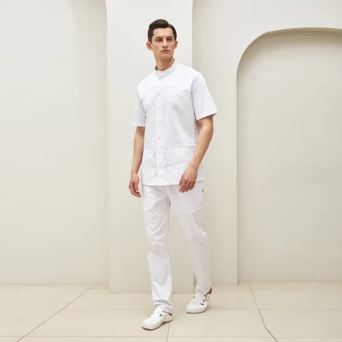 Medical shirt with a stand-up collar with short sleeves