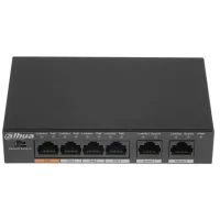 DAHUA DH-PFS3006-4ET-60 4-портовый неуправляемый коммутатор с РоЕ, 4xRJ45 100Mb PoE, 2xRJ45 100Mb uplink, суммарно 60Вт, коммутация 1.8 Гбит/с, MAC-таблица 2К, металл