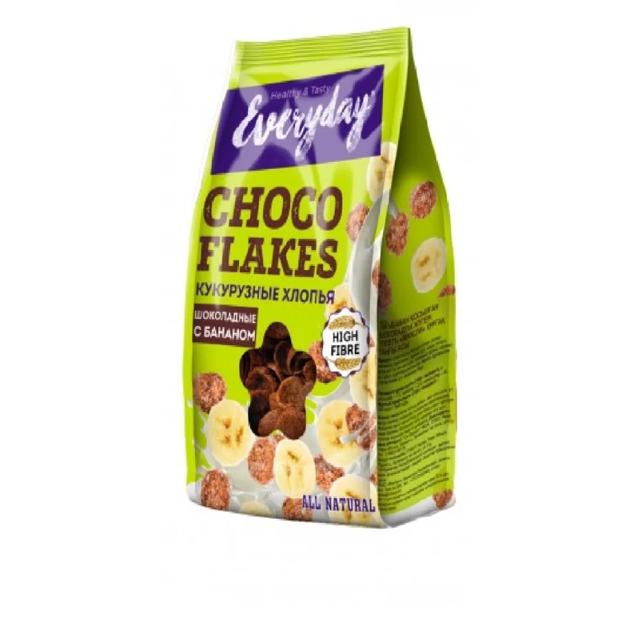 Chocolate corn flakes with banana, package