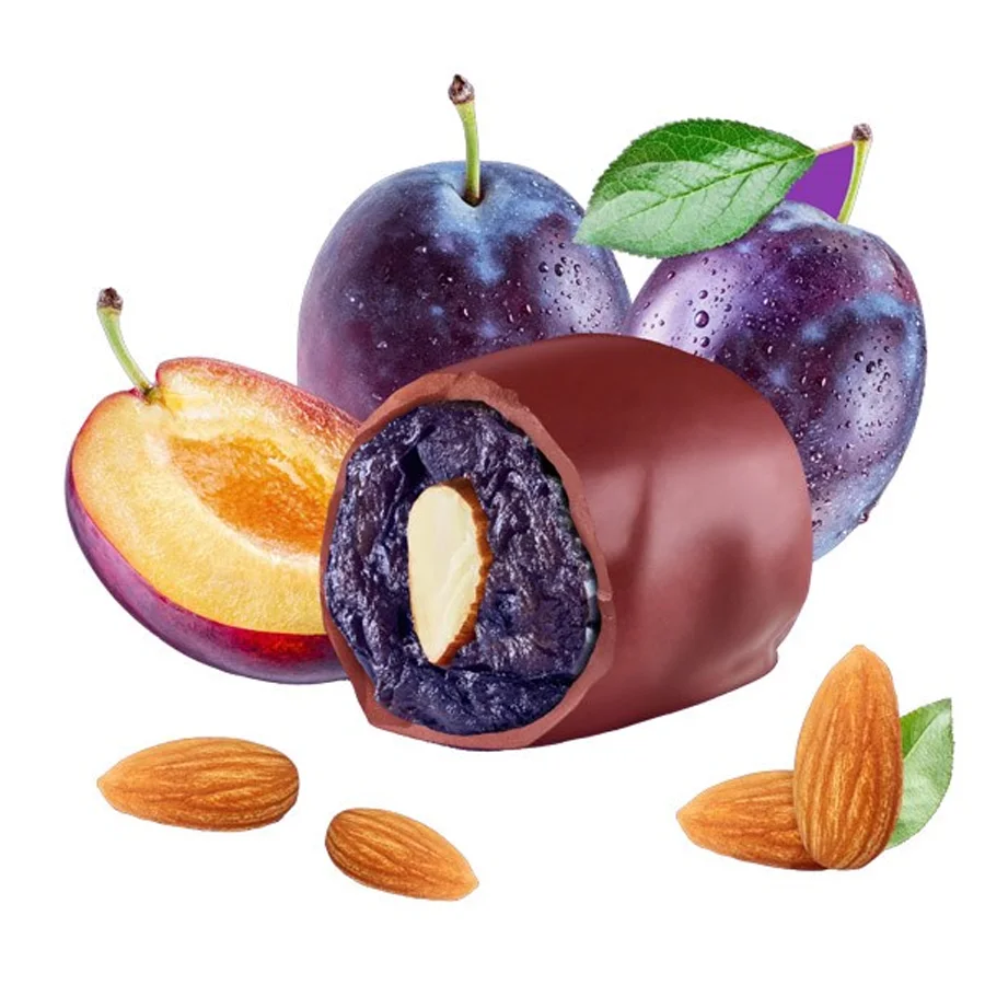 Candy prunes in chocolate with almond