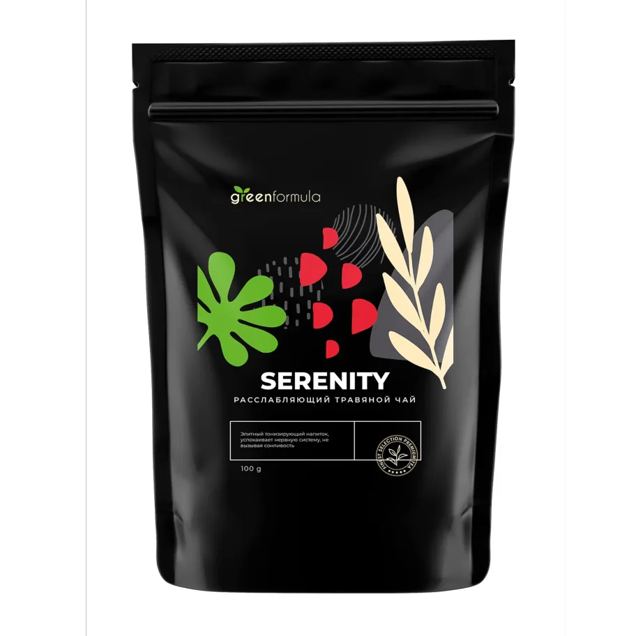 Чай Serenity для расслабления нервной системы (зеленый успокаивающий чай высшего сорта, с кусочками ананаса и клубники, травяной), дой-пак, 100 грамм