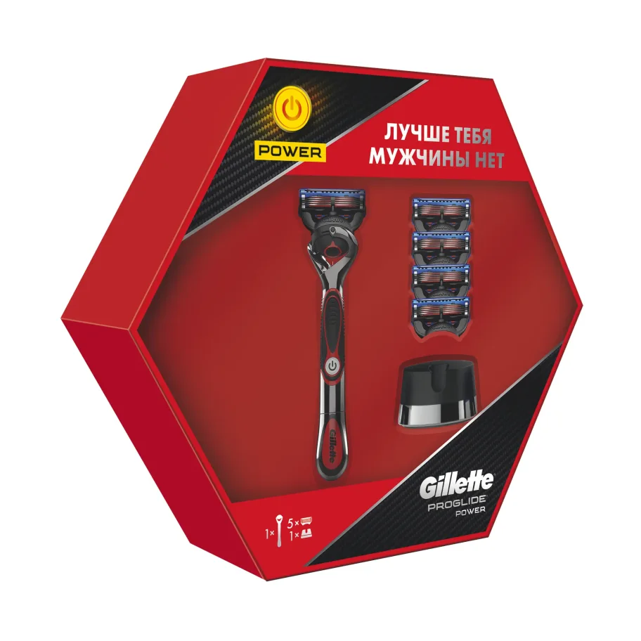 Подарочный набор мужской Gillette Proglide Power бритва с 1 касс. с элем.питания +4 касс.+подставка