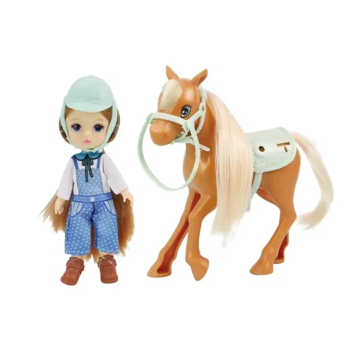 A 5-inch girl doll with her favorite horse    