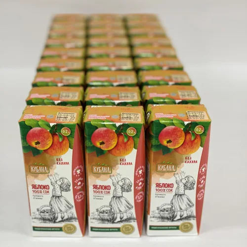 Straight-pressed apple juice without sugar. The volume is 0.2 liters. 27 pieces