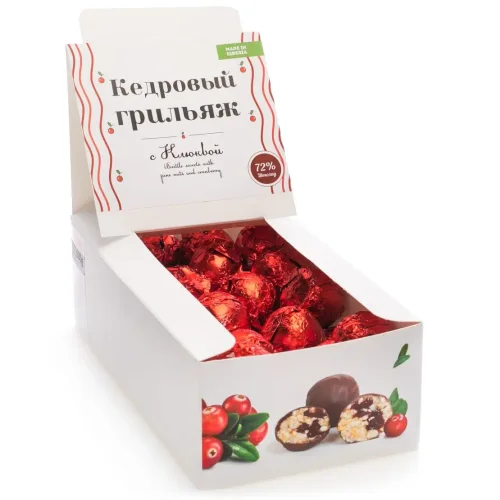 Cedar grillage show-box with Cranberries in natural chocolate, 600 gr, 40 pcs