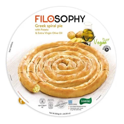 Greek pie with potatoes and Extra Virgin olive oil spiral IONIKI