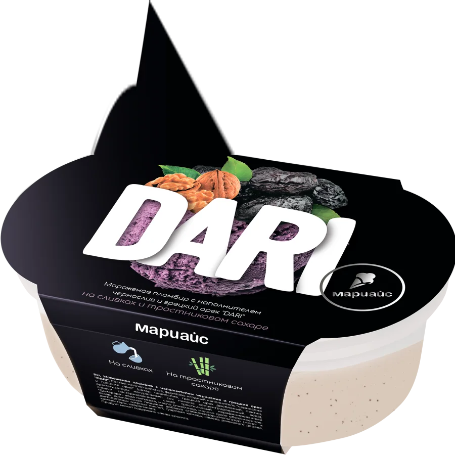 Мороженое пломбир с наполнителем чернослив и грецкий орех в контейнере DARI 15%