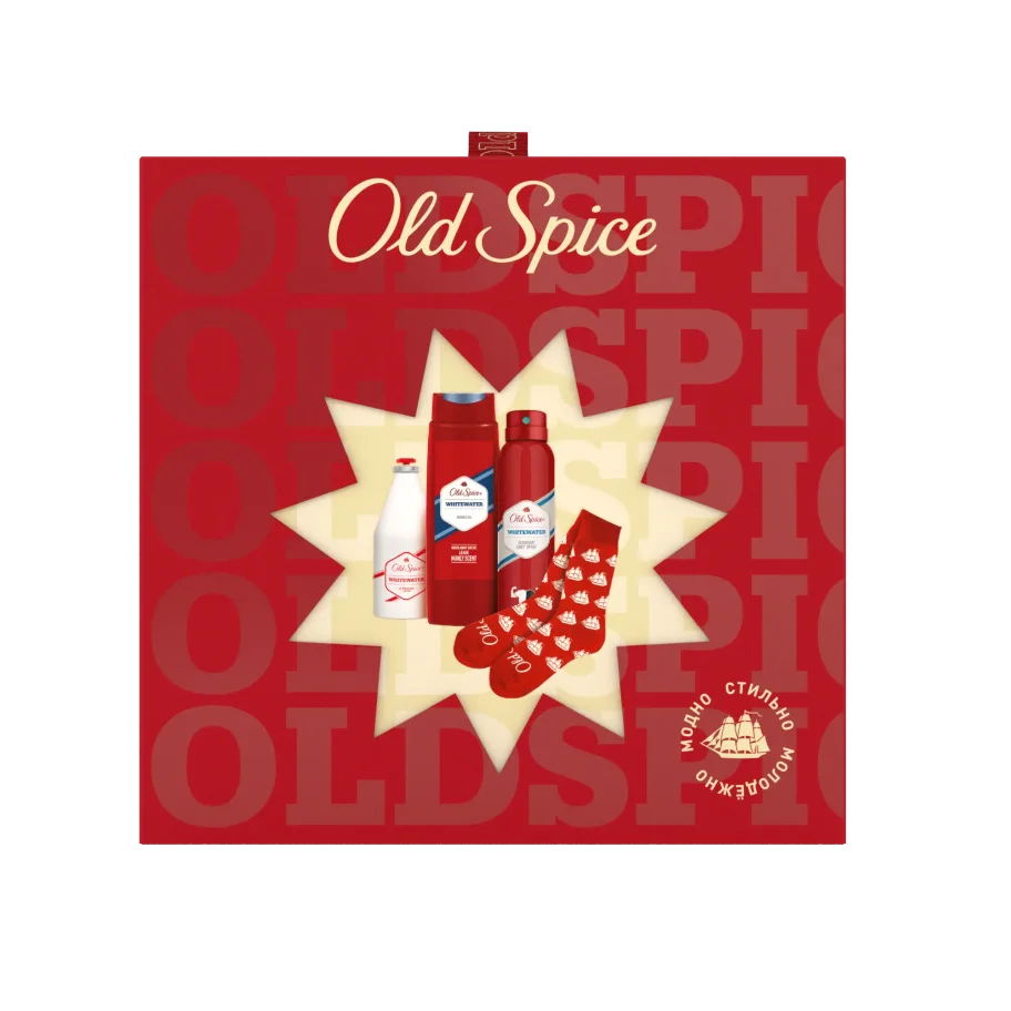 Подарочный набор для мужчин Old Spice Whitewater с Носками. Мужской дезодорант спрей 150 мл + Гель для душа 250 мл + Лосьон после бритья 100мл + Носки Old Spice