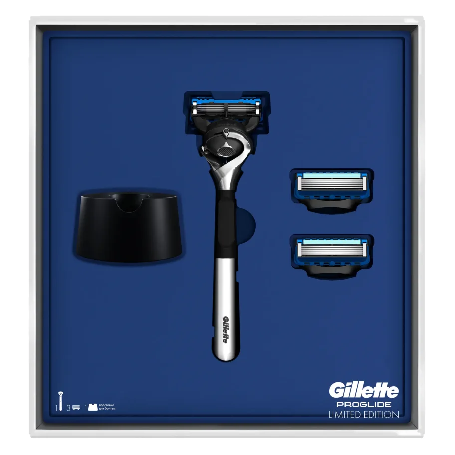 Подарочный набор мужской Gillette Proglide бритва Chrome с 1 кассетой + 2 касс. + подставка