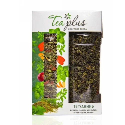Tea "Teguanin" with additives of thyme leaf and lemon balm, orange, goji berries and cherries