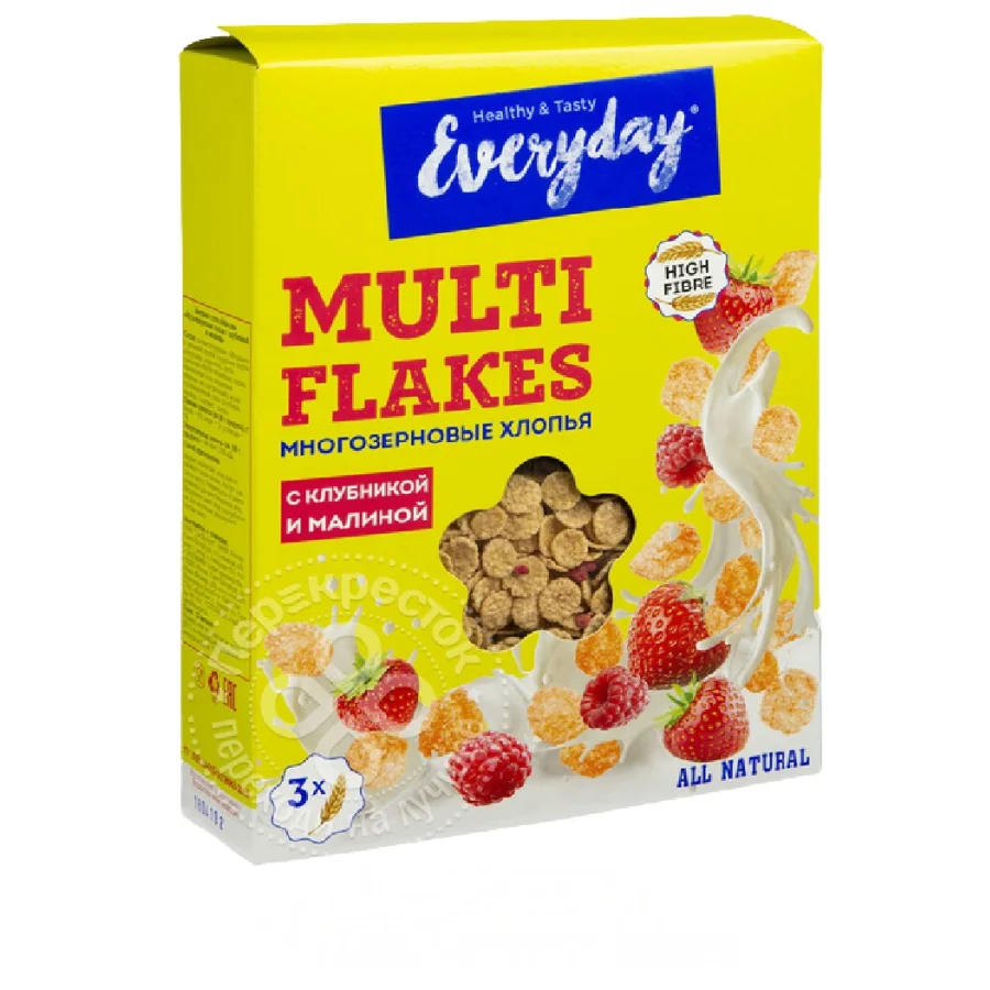 Multigrain flakes with strawberries and raspberries, cardboard