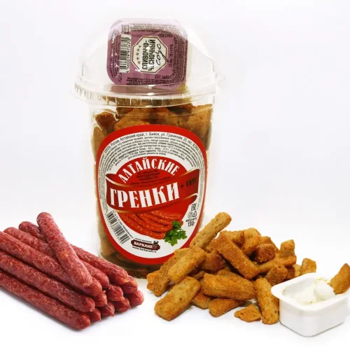 Rye-wheat crackers color with the taste of hunting sausages, the shape of chips glass 130 g + sauce