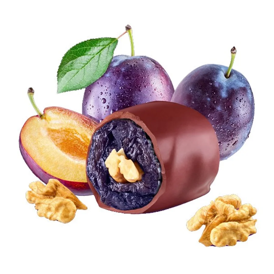 Candy prunes in chocolate with walnuts