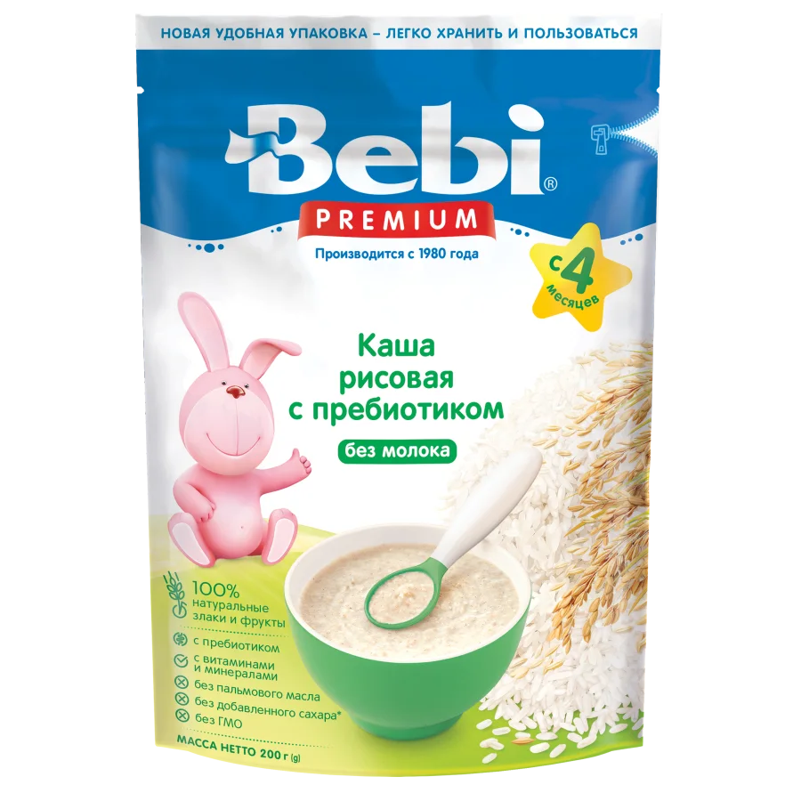 Каша для детей Bebi Premium Безмолочная  Рисовая c пребиотиком с 4 мес. 200 гр (9 шт.)