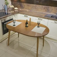  Kitchen dining table sliding in Scandi style 90/134x90x76 cm, folding table for the kitchen, the color of the supports is beige, chipboard countertop, Guarneri Walnut
