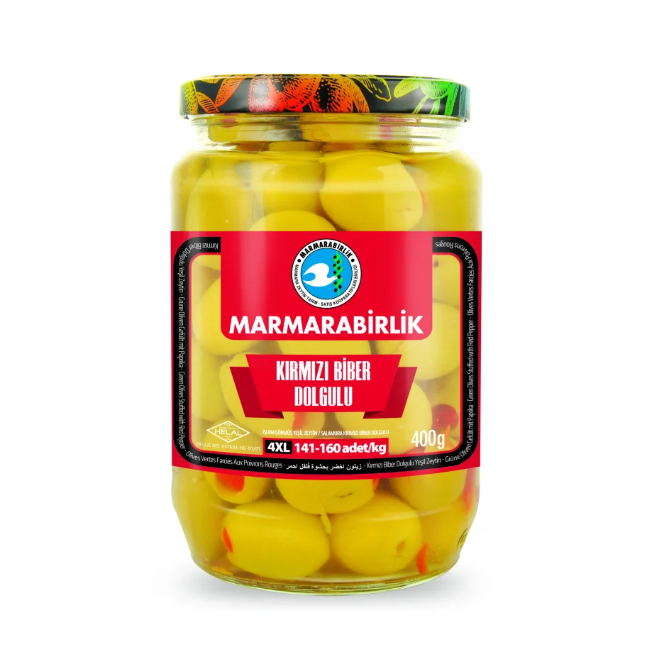  Green olives with red sweet pepper MARMARABIRLIK BIBER 4XL (141-160), pitted in brine, st/b, net 680 g