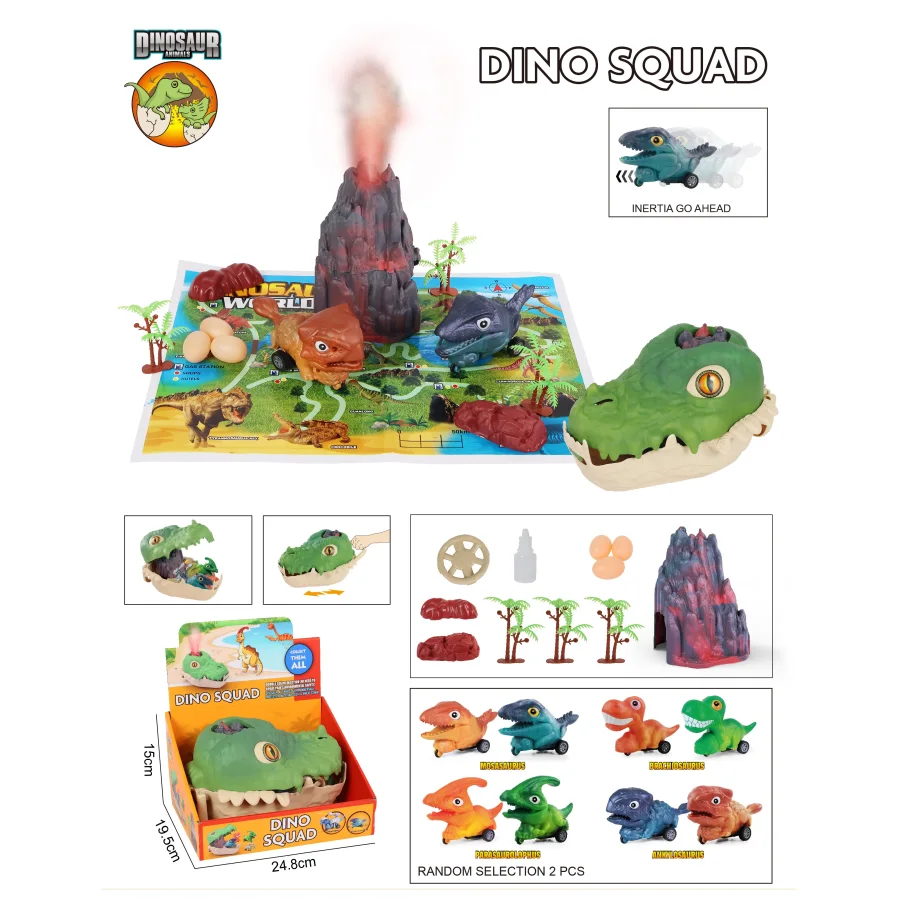 Game set: Volcano, 2 inertial dinosaurs, 8 pieces of parts, 1 card, Assorted 3    