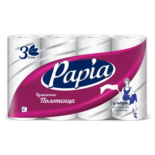 PAPIA Бумажные полотенца 3слоя 4рулона 1/2листа