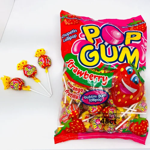 Lollipops with strawberry taste and chewing gum inside (864g)
