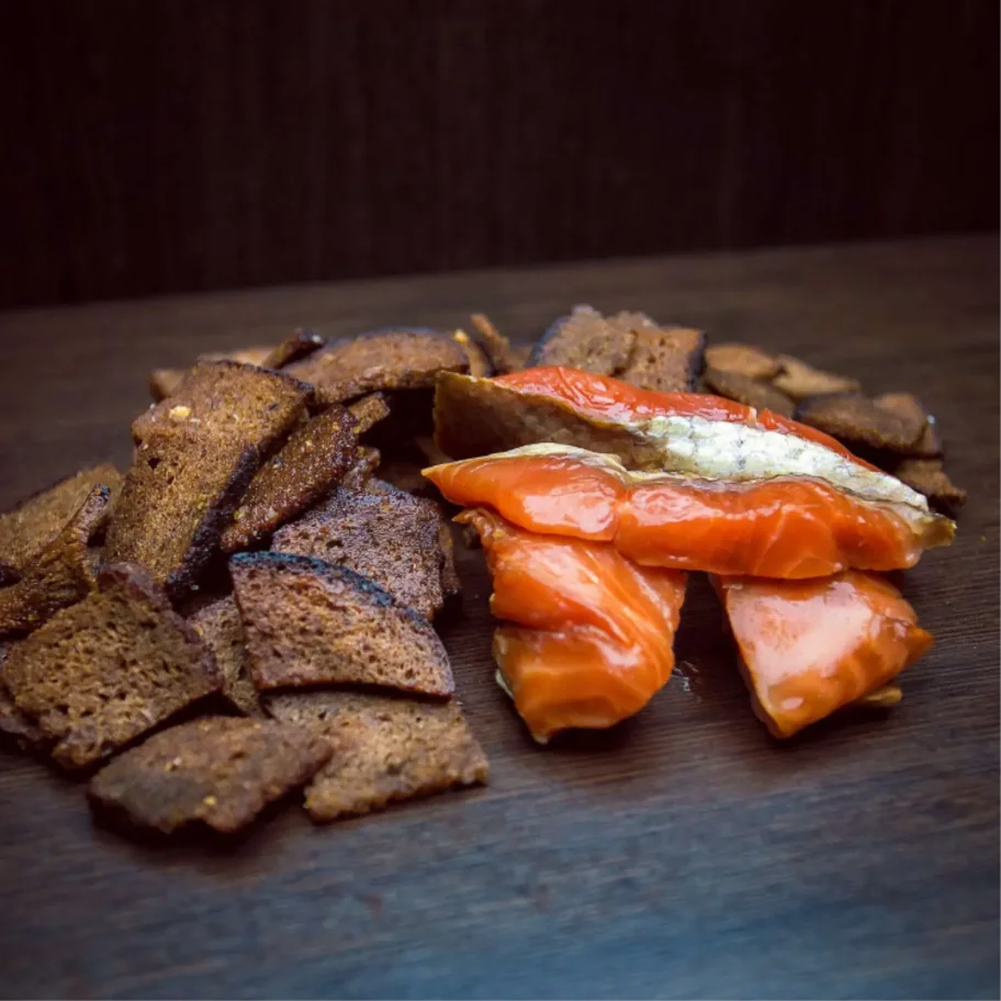 Crackers from Borodino bread smoked salmon