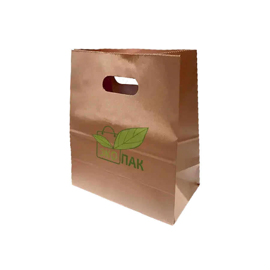 A paper bag with a rectangular bottom with cut-through handles with and without a seal