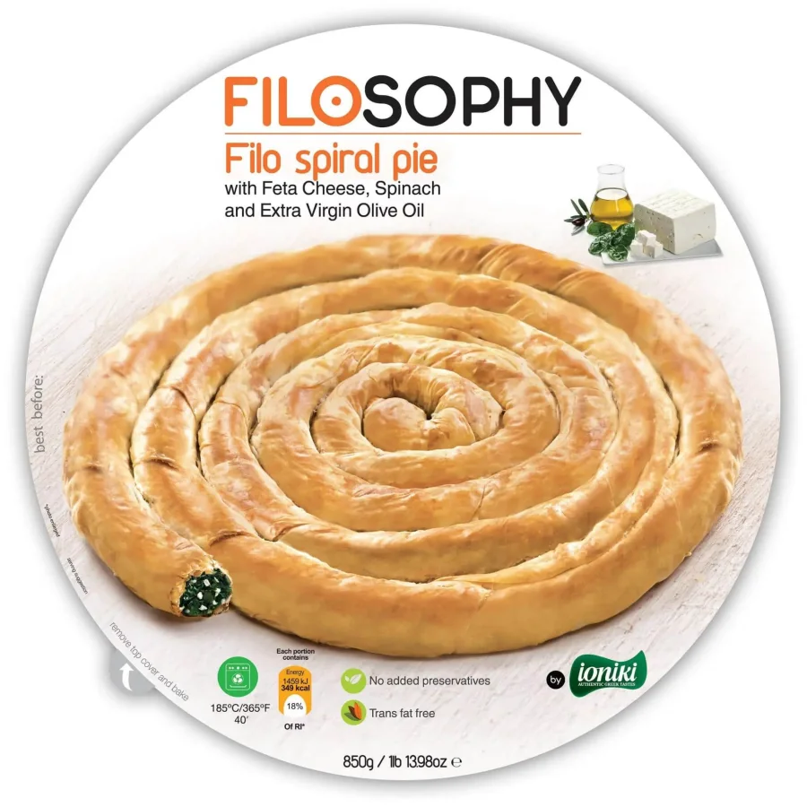 Fillo pie with Feta cheese, spinach and olive oil spiral IONIKI