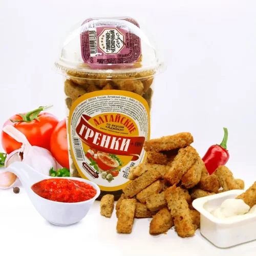 Rye-wheat crackers with the taste of adjika, the shape of chips glass 130 g + sauce