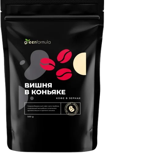 Coffee Beans Cherry in Cognac (freshly fried coffee with cherry aroma, average degree of roasting, Arabica 100%, grain), Doy-Pak, 500 grams
