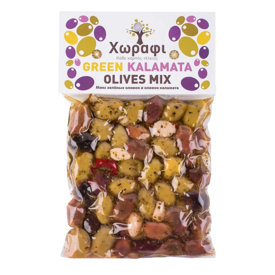 МИКС ИЗ ЗЕЛЕНЫХ ОЛИВОК И ОЛИВОК КАЛАМОН Хорафи 200 г вакуум 