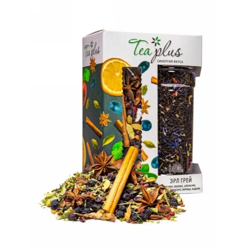 Earl Grey tea with additives of barberry fruits, orange peel, apple slices, cardamom, hibiscus, cinnamon and star anise