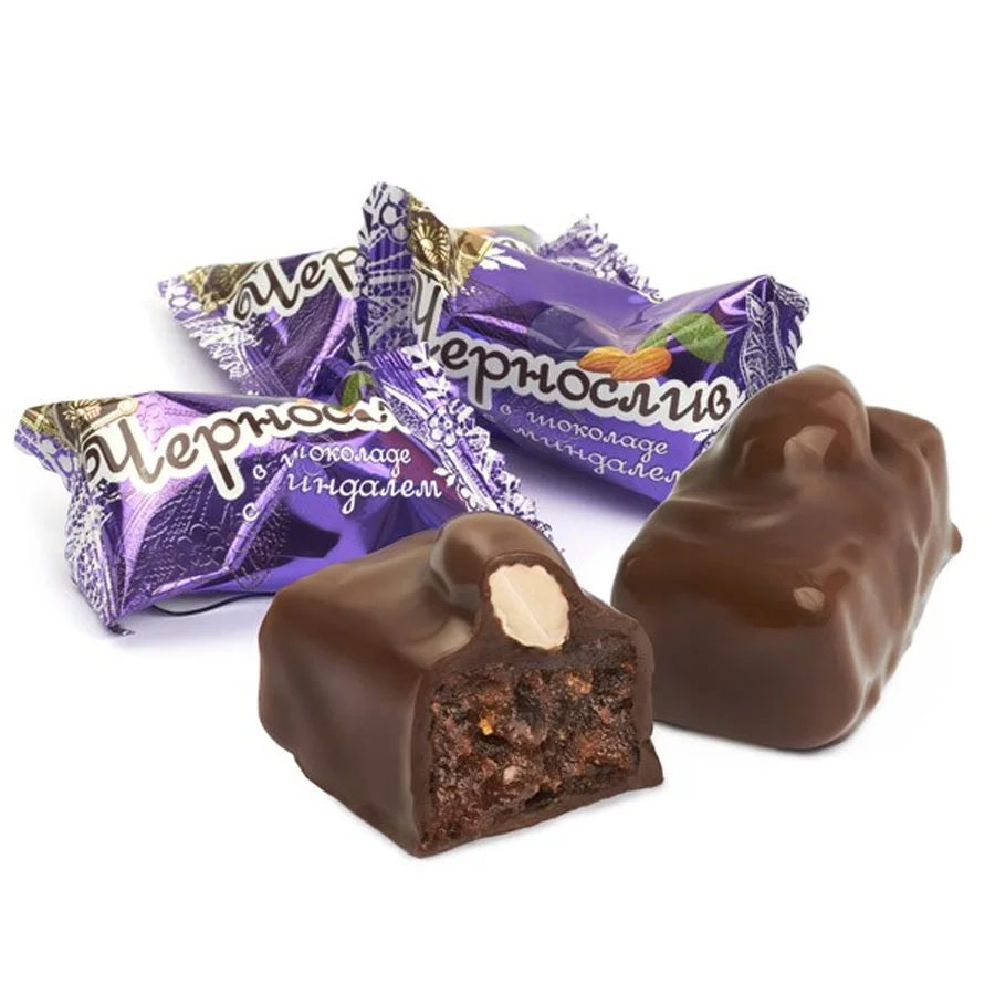 Candy prunes in chocolate with almond weights
