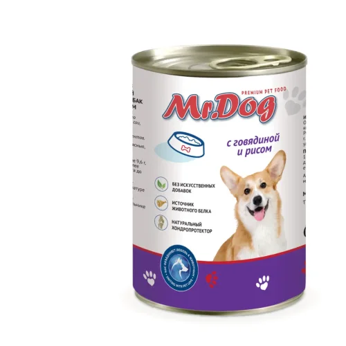 Mr.Dog Консервированный влажный корм                                                                         для собак с говядиной и рисом, 410 гр. ж/б