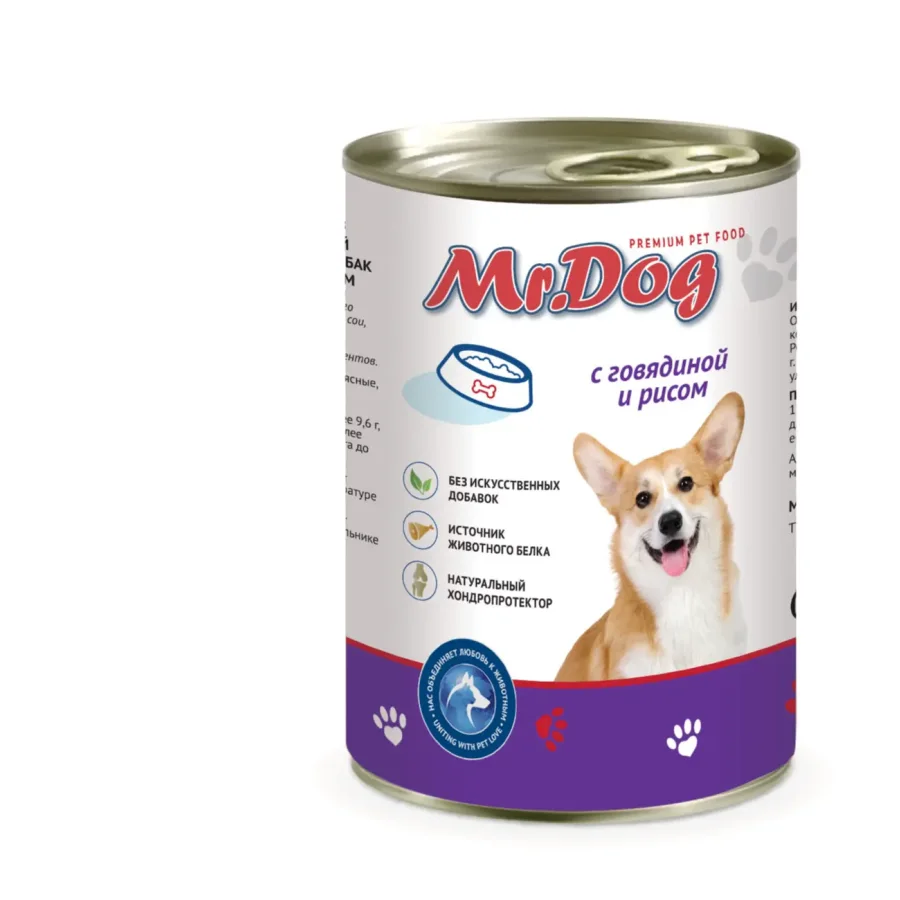 Mr.Dog Консервированный влажный корм                                                                         для собак с говядиной и рисом, 410 гр. ж/б