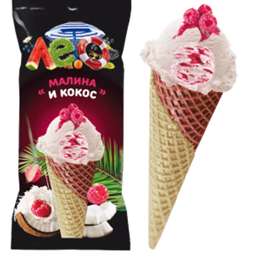 Coconut and raspberries in a two-tone sugar cone