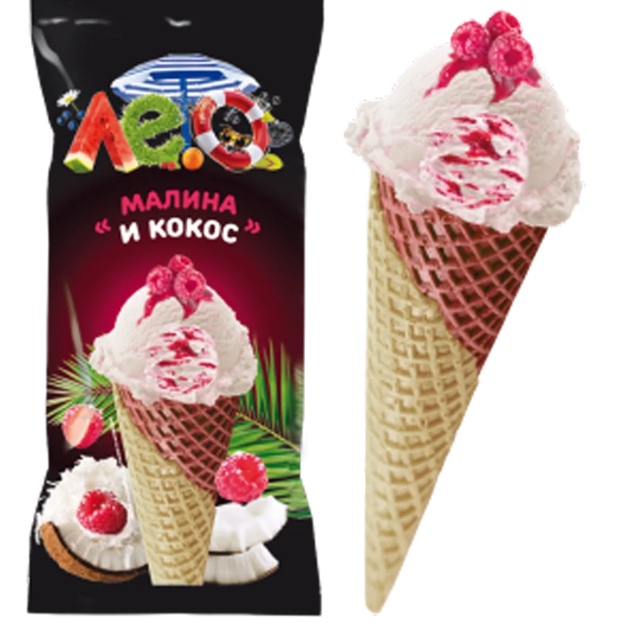 Coconut and raspberries in a two-tone sugar cone
