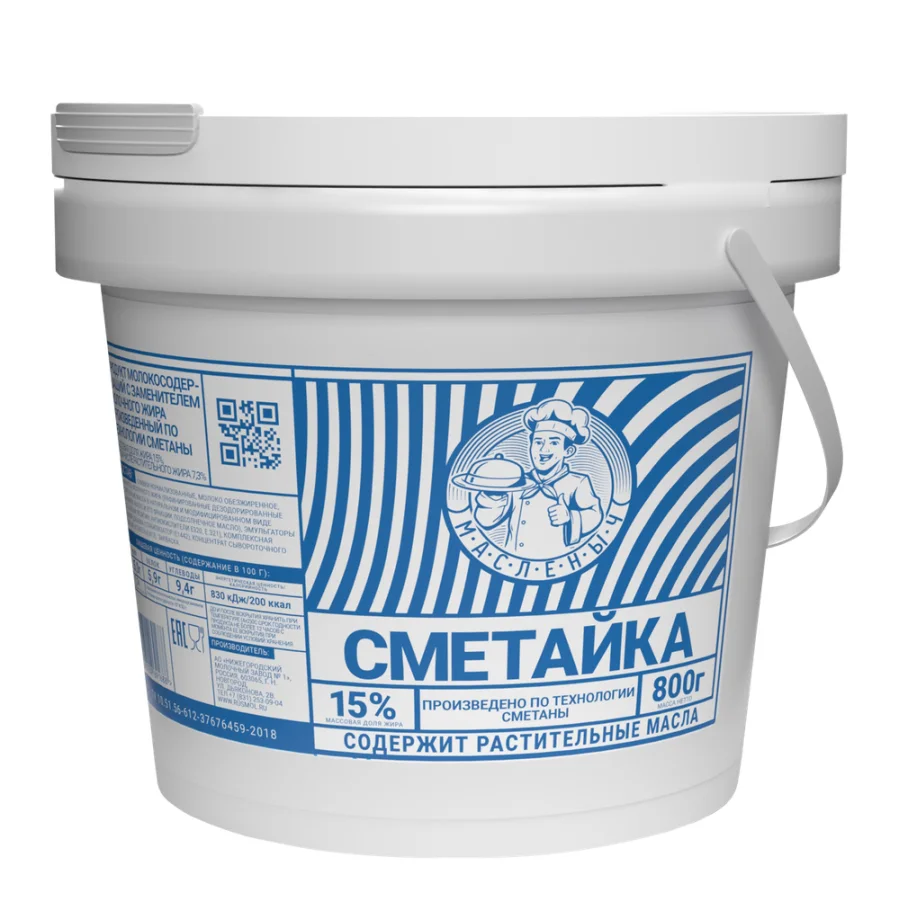 Product m/s Maslenych Smetayka according to Sour Cream technology 15%, 800 g, bucket
