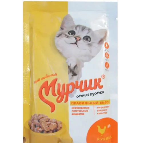Корм консервированный для кошек торговой марки "Мурчик" с курицей в соусе 