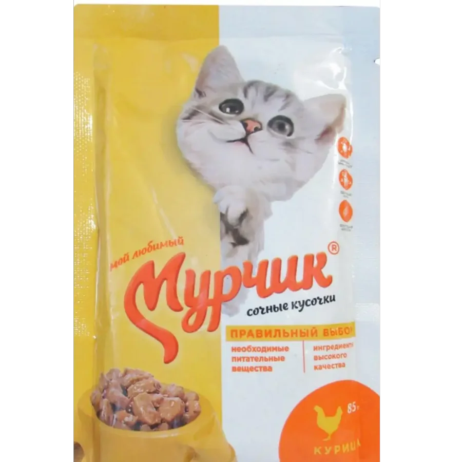 Корм консервированный для кошек торговой марки "Мурчик" с курицей в соусе 