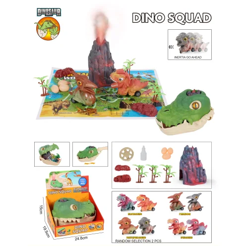 Game set: Volcano, 2 inertial dinosaurs, 8 pieces of parts, 1 card, Assorted 2    